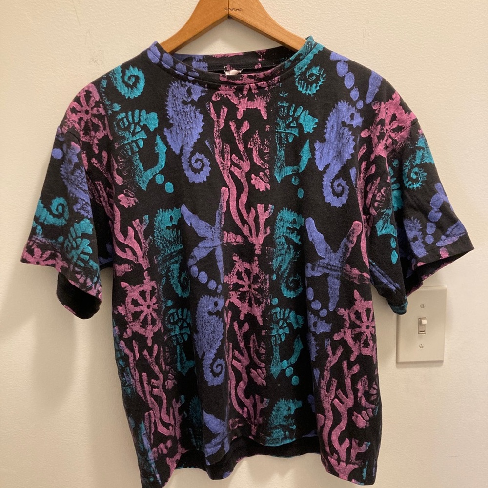 Hand stamped painted t shirt ocean theme